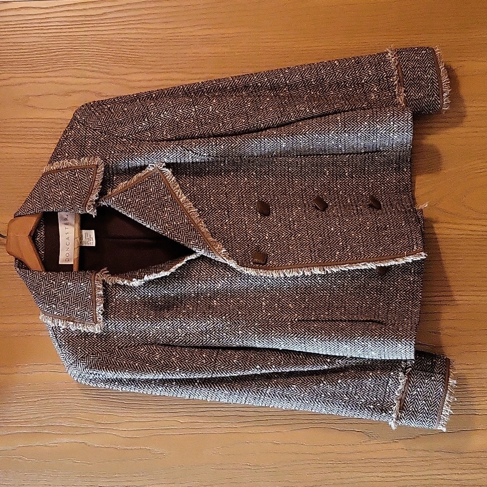 Vintage Doncaster Brown Tweed Leather Trim Fringe Blazer
